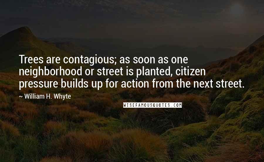 William H. Whyte quotes: Trees are contagious; as soon as one neighborhood or street is planted, citizen pressure builds up for action from the next street. William H. Whyte quotes: Trees are contagious; as soon as one neighborhood or street is planted, citizen pressure builds up for action from the next street.