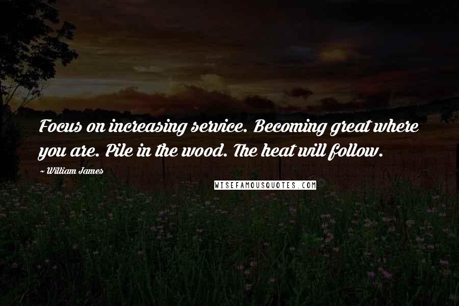 William James quotes: Focus on increasing service. Becoming great where you are. Pile in the wood. The heat will follow.