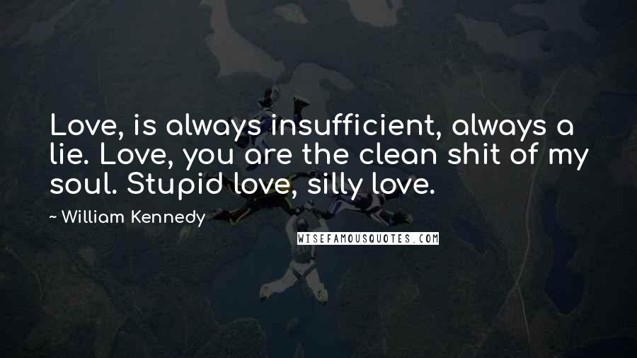 William Kennedy quotes: Love, is always insufficient, always a lie. Love, you are the clean shit of my soul. Stupid love, silly love.