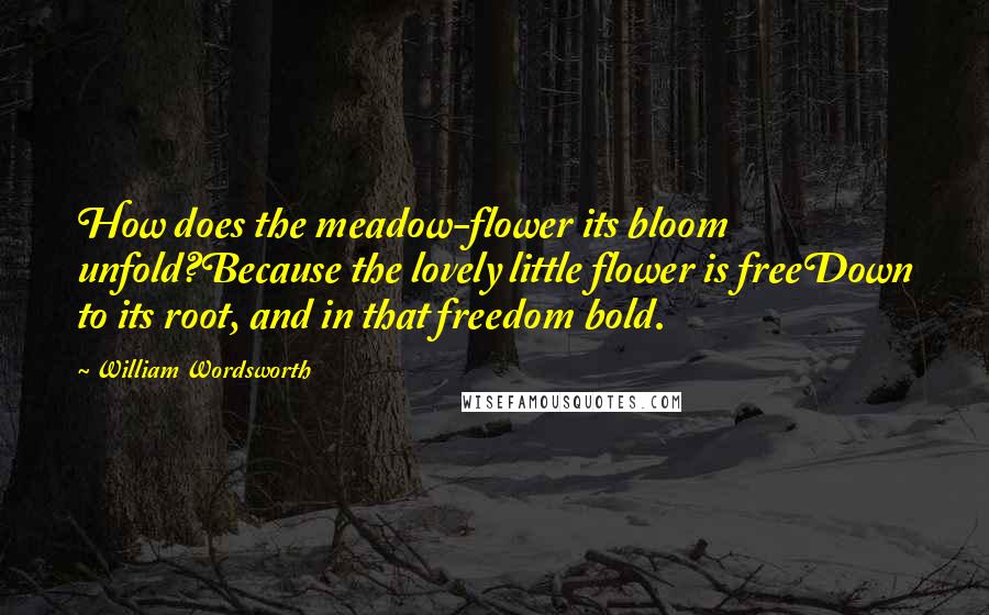 William Wordsworth quotes: How does the meadow-flower its bloom unfold?Because the lovely little flower is freeDown to its root, and in that freedom bold.