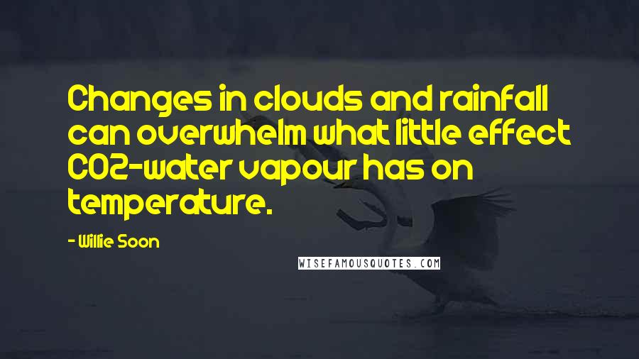 Willie Soon quotes: Changes in clouds and rainfall can overwhelm what little effect CO2-water vapour has on temperature. Willie Soon quotes: Changes in clouds and rainfall can overwhelm what little effect CO2-water vapour has on temperature.