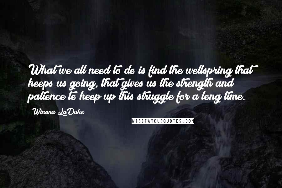 Winona LaDuke quotes: What we all need to do is find the wellspring that keeps us going, that gives us the strength and patience to keep up this struggle for a long time.