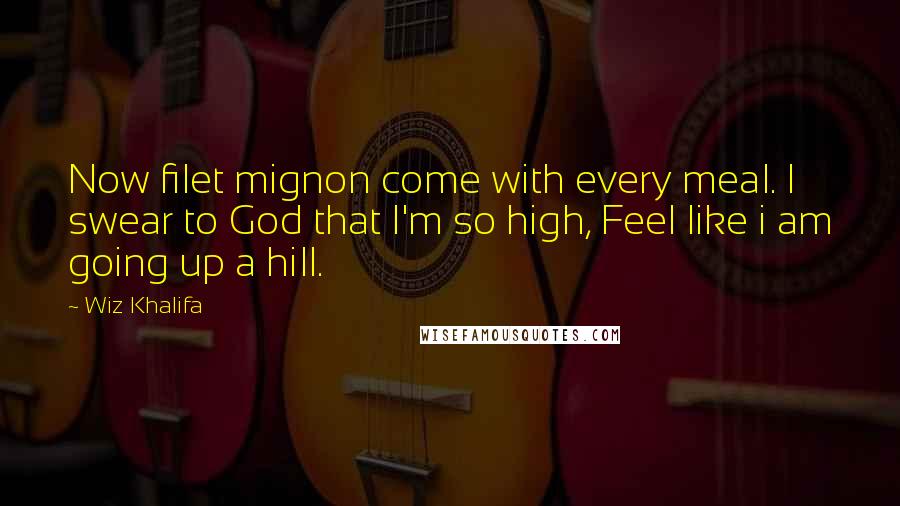 Wiz Khalifa quotes: Now filet mignon come with every meal. I swear to God that I'm so high, Feel like i am going up a hill.