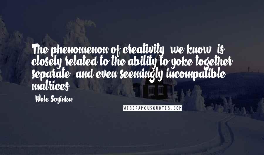 Wole Soyinka quotes: The phenomenon of creativity, we know, is closely related to the ability to yoke together separate, and even seemingly incompatible, matrices. Wole Soyinka quotes: The phenomenon of creativity, we know, is closely related to the ability to yoke together separate, and even seemingly incompatible, matrices.