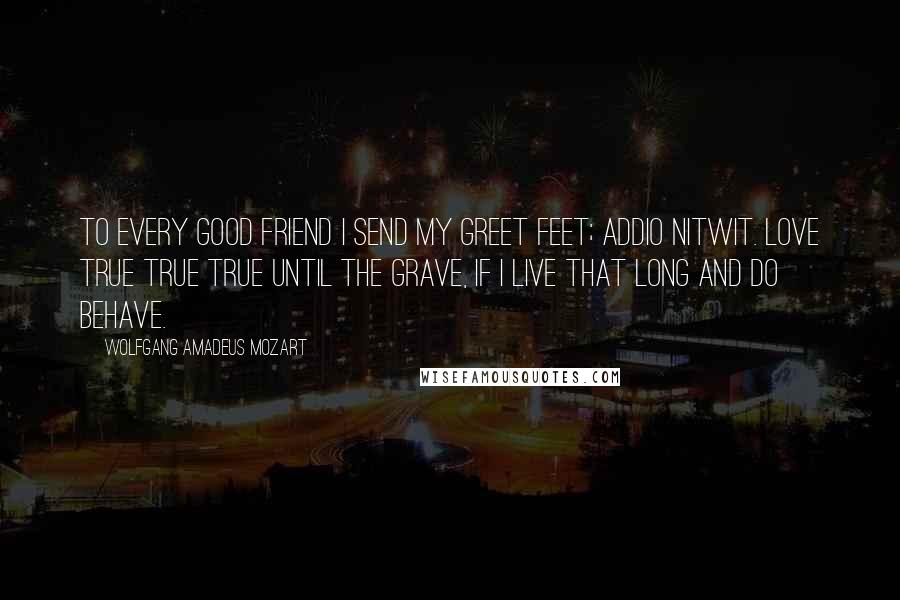 Wolfgang Amadeus Mozart quotes: To every good friend I send my greet feet; addio nitwit. Love true true true until the grave, if I live that long and do behave.