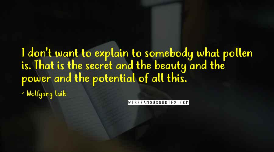 Wolfgang Laib quotes: I don't want to explain to somebody what pollen is. That is the secret and the beauty and the power and the potential of all this. Wolfgang Laib quotes: I don't want to explain to somebody what pollen is. That is the secret and the beauty and the power and the potential of all this.