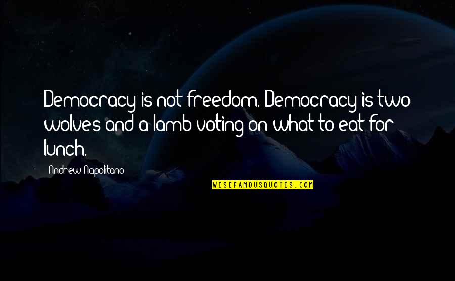 Wolves And Quotes By Andrew Napolitano: Democracy is not freedom. Democracy is two wolves