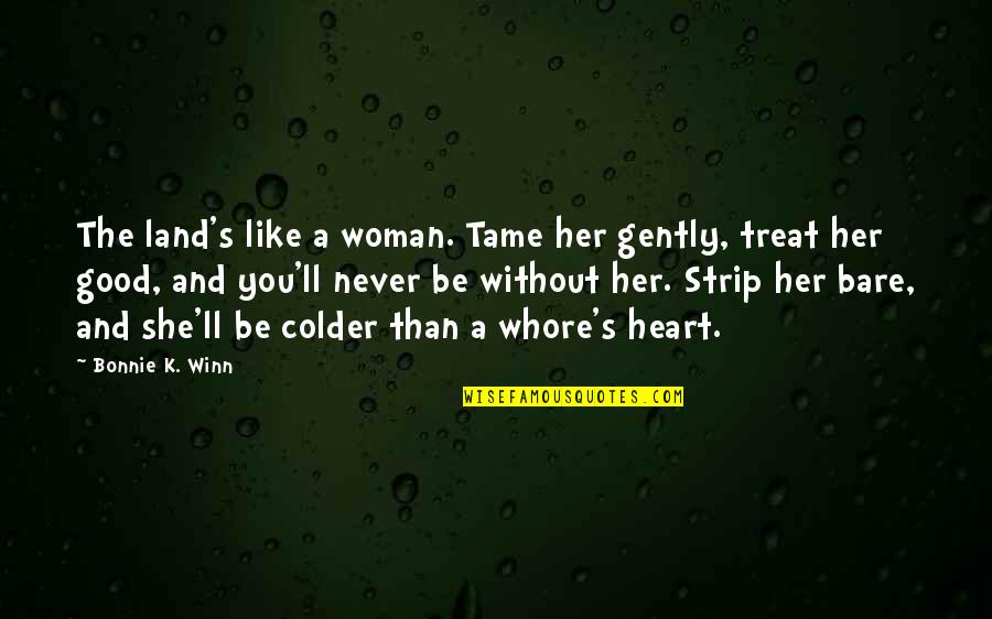 Woman Treat Quotes By Bonnie K. Winn: The land's like a woman. Tame her gently,