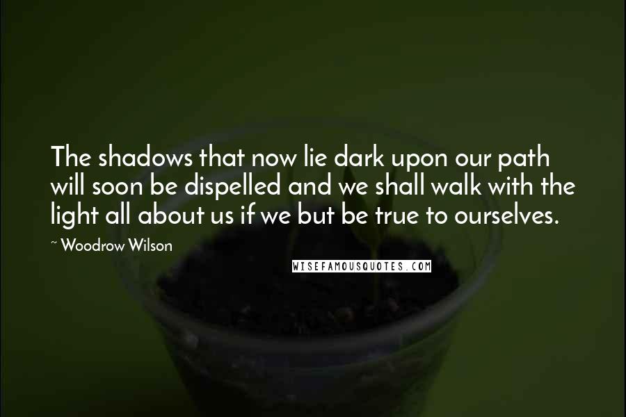 Woodrow Wilson quotes: The shadows that now lie dark upon our path will soon be dispelled and we shall walk with the light all about us if we but be true to ourselves.