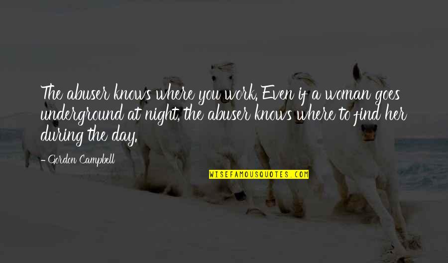 Work Day And Night Quotes By Gordon Campbell: The abuser knows where you work. Even if Work Day And Night Quotes By Gordon Campbell: The abuser knows where you work. Even if
