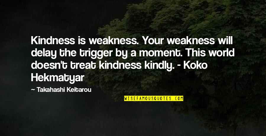 World Kindness Quotes By Takahashi Keitarou: Kindness is weakness. Your weakness will delay the World Kindness Quotes By Takahashi Keitarou: Kindness is weakness. Your weakness will delay the