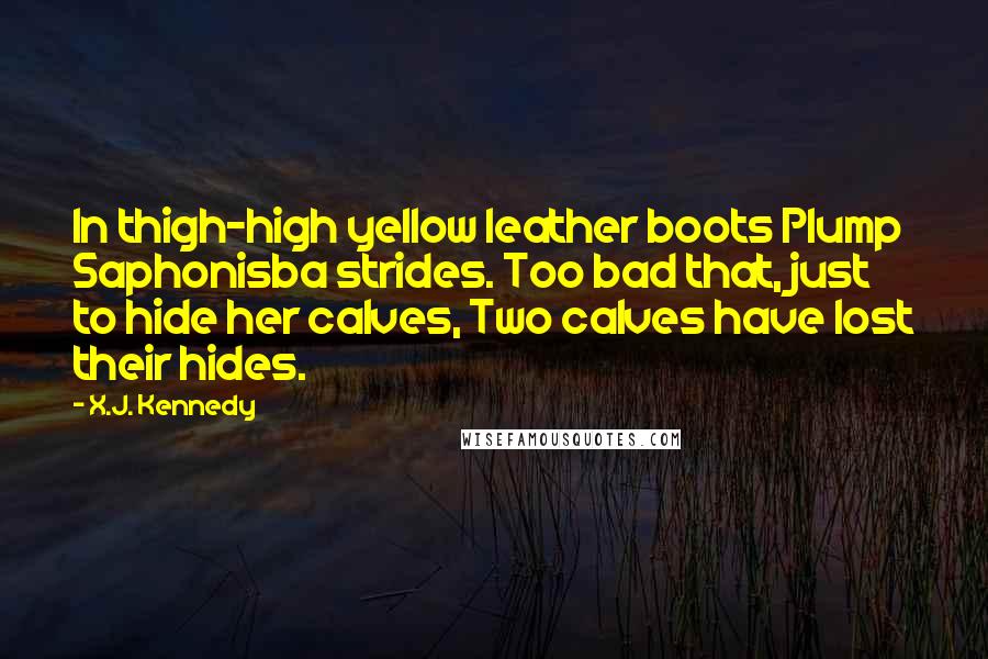 X.J. Kennedy quotes: In thigh-high yellow leather boots Plump Saphonisba strides. Too bad that, just to hide her calves, Two calves have lost their hides.