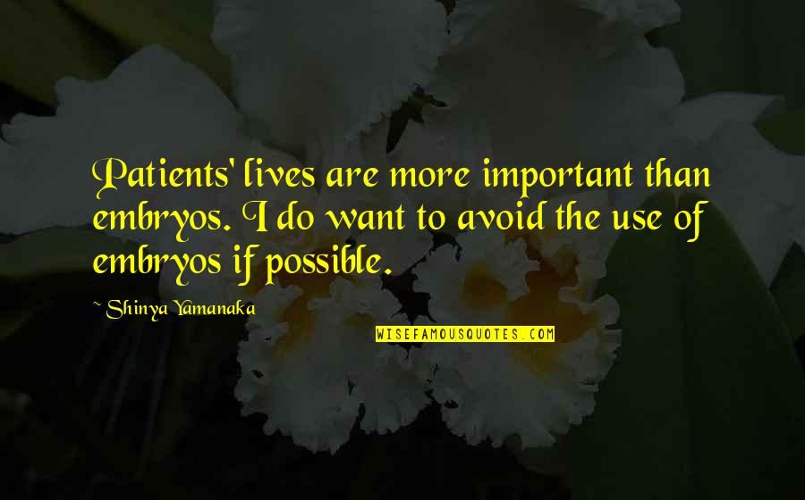 Yamanaka Shinya Quotes By Shinya Yamanaka: Patients' lives are more important than embryos. I Yamanaka Shinya Quotes By Shinya Yamanaka: Patients' lives are more important than embryos. I