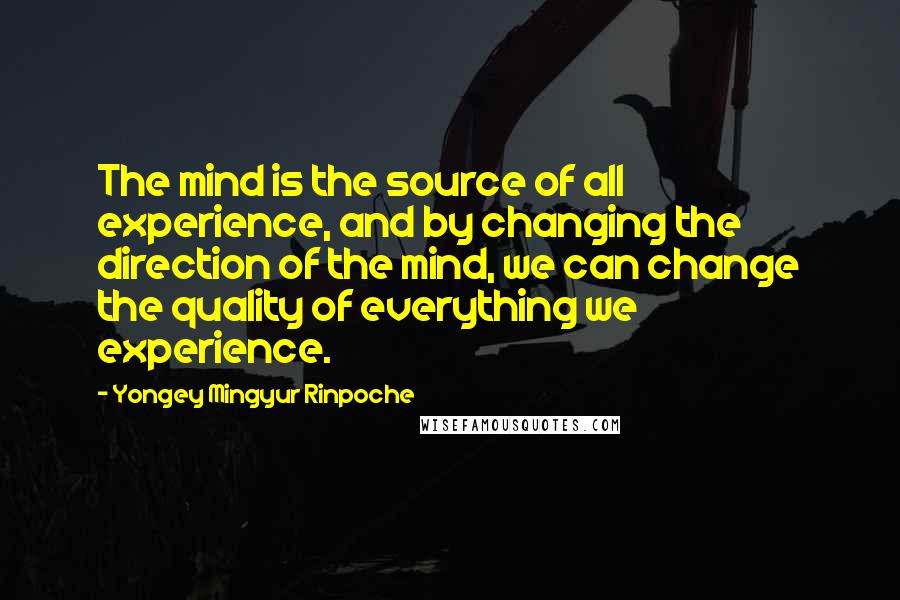 Yongey Mingyur Rinpoche quotes: The mind is the source of all experience, and by changing the direction of the mind, we can change the quality of everything we experience.