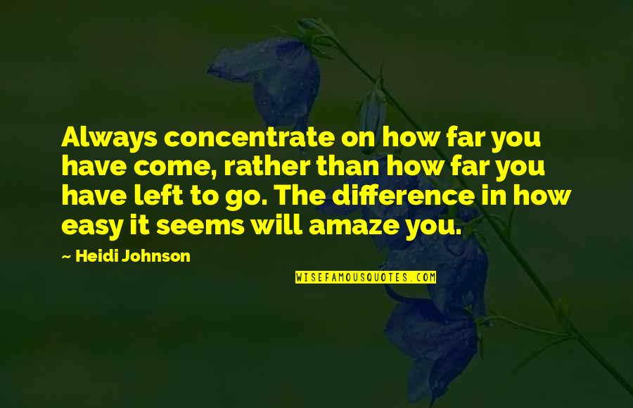 You Amaze Quotes By Heidi Johnson: Always concentrate on how far you have come, You Amaze Quotes By Heidi Johnson: Always concentrate on how far you have come,