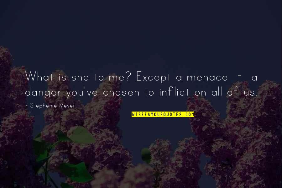 You Me Us Quotes By Stephenie Meyer: What is she to me? Except a menace You Me Us Quotes By Stephenie Meyer: What is she to me? Except a menace
