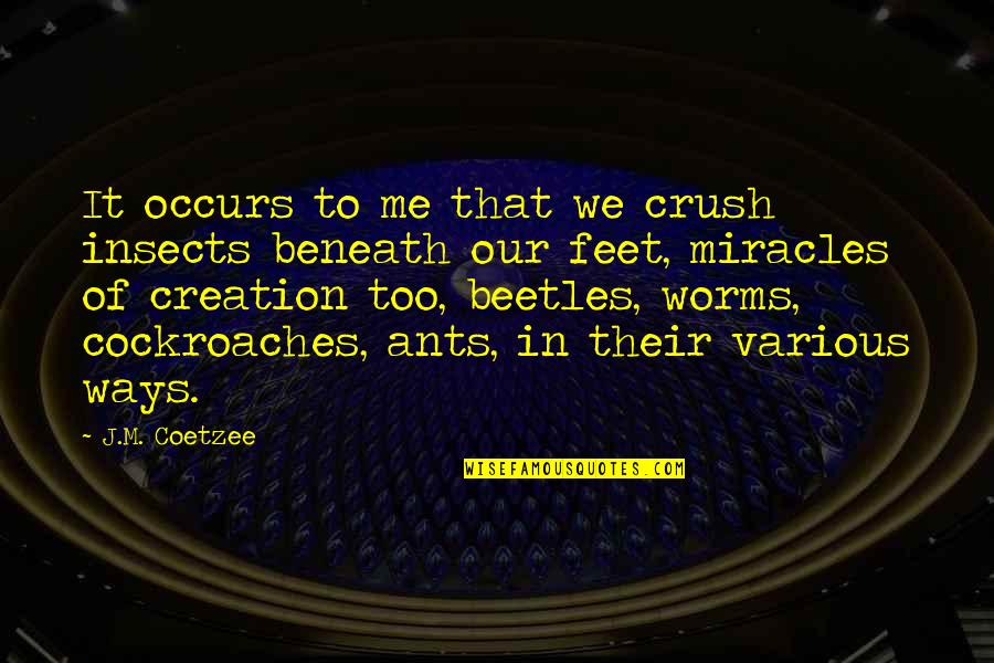 You My Crush Quotes By J.M. Coetzee: It occurs to me that we crush insects You My Crush Quotes By J.M. Coetzee: It occurs to me that we crush insects