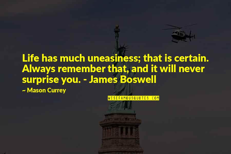 You Will Always Remember Quotes By Mason Currey: Life has much uneasiness; that is certain. Always