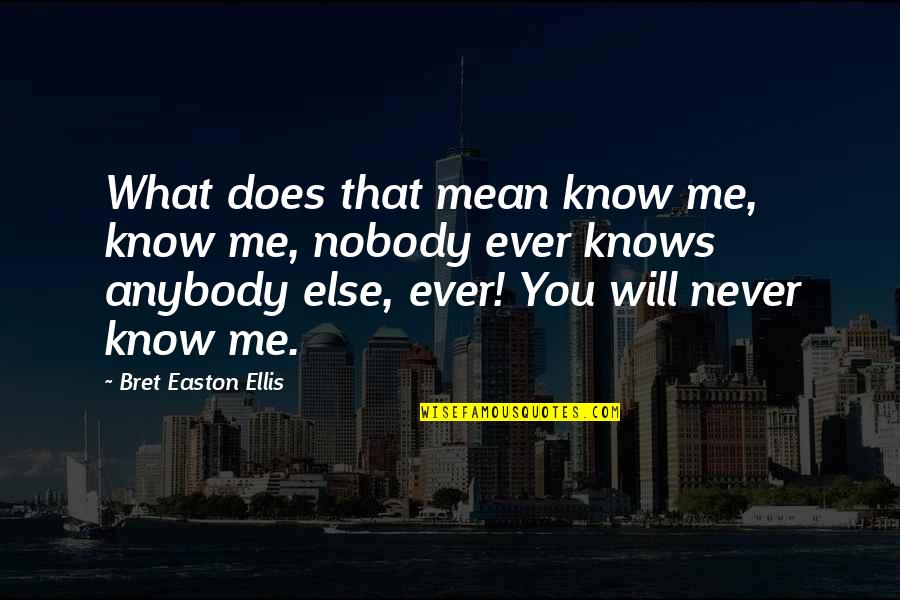 You'll Never Know Me Quotes By Bret Easton Ellis: What does that mean know me, know me, You'll Never Know Me Quotes By Bret Easton Ellis: What does that mean know me, know me,