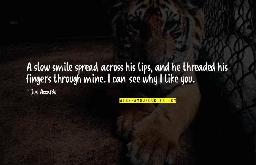 Your Crush Smile Quotes By Jus Accardo: A slow smile spread across his lips, and Your Crush Smile Quotes By Jus Accardo: A slow smile spread across his lips, and