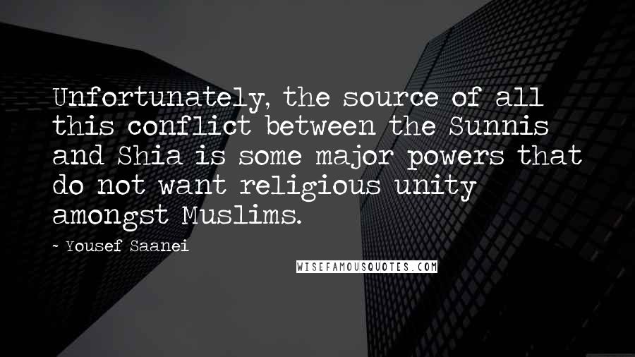 Yousef Saanei quotes: Unfortunately, the source of all this conflict between the Sunnis and Shia is some major powers that do not want religious unity amongst Muslims.