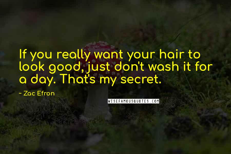 Zac Efron quotes: If you really want your hair to look good, just don't wash it for a day. That's my secret.