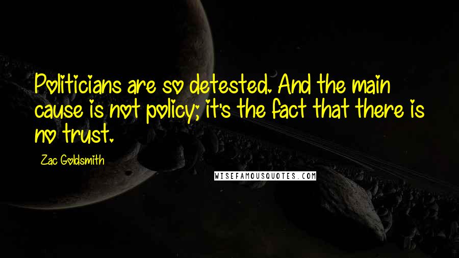 Zac Goldsmith quotes: Politicians are so detested. And the main cause is not policy; it's the fact that there is no trust.