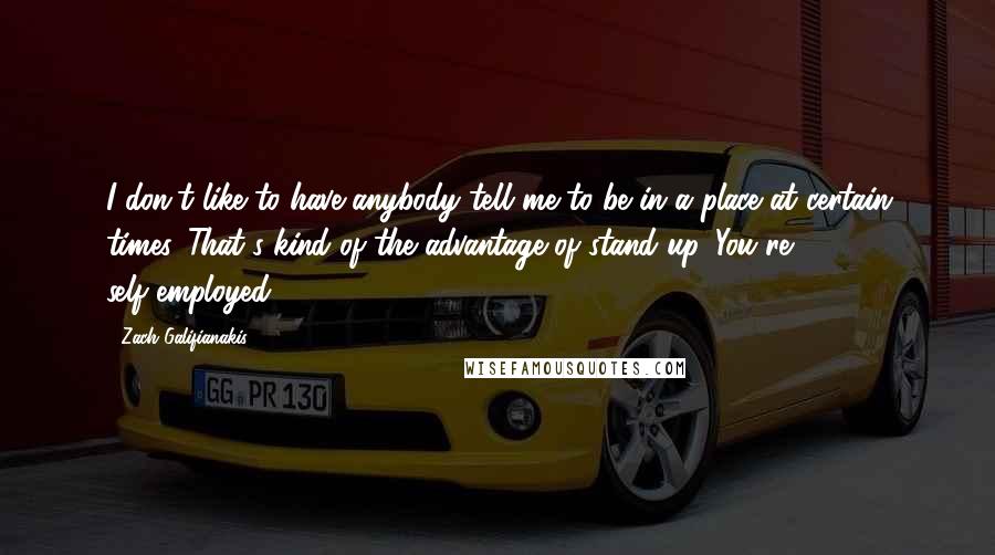 Zach Galifianakis quotes: I don't like to have anybody tell me to be in a place at certain times. That's kind of the advantage of stand up. You're self-employed.