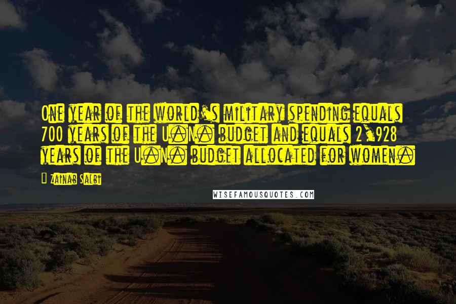 Zainab Salbi quotes: One year of the world's military spending equals 700 years of the U.N. budget and equals 2,928 years of the U.N. budget allocated for women. Zainab Salbi quotes: One year of the world's military spending equals 700 years of the U.N. budget and equals 2,928 years of the U.N. budget allocated for women.