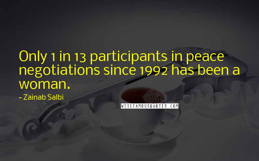 Zainab Salbi quotes: Only 1 in 13 participants in peace negotiations since 1992 has been a woman.