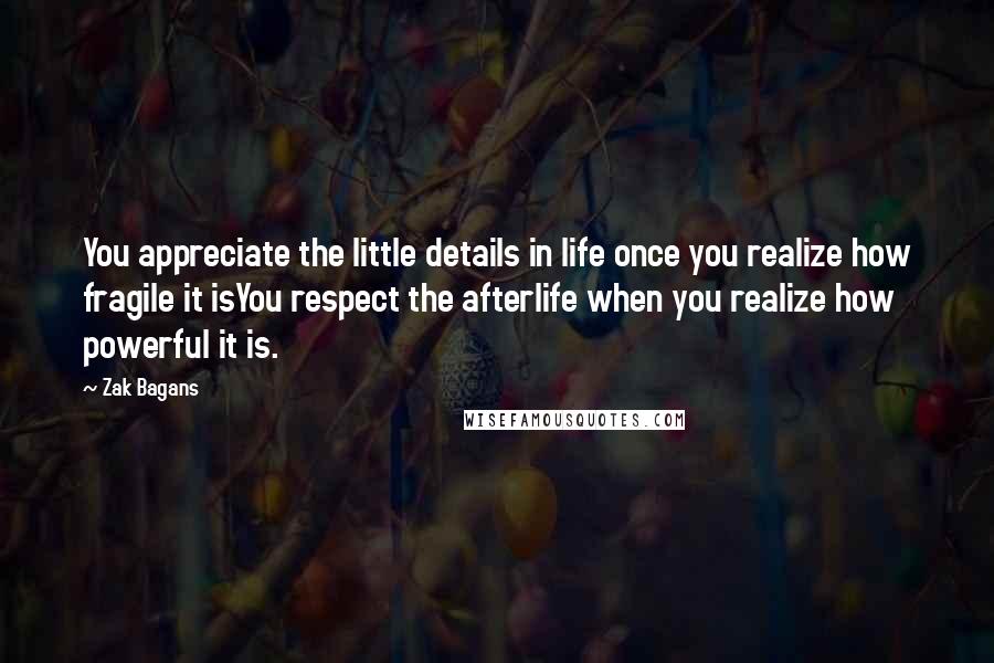 Zak Bagans quotes: You appreciate the little details in life once you realize how fragile it isYou respect the afterlife when you realize how powerful it is.