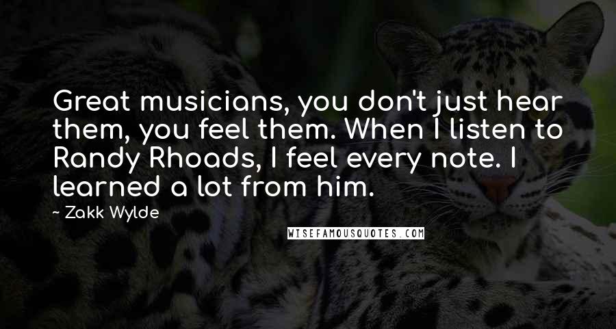 Zakk Wylde quotes: Great musicians, you don't just hear them, you feel them. When I listen to Randy Rhoads, I feel every note. I learned a lot from him.