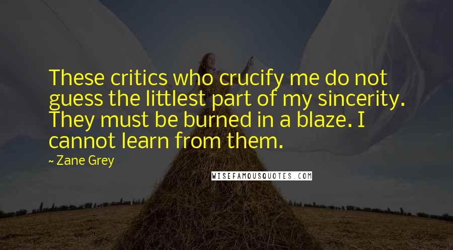 Zane Grey quotes: These critics who crucify me do not guess the littlest part of my sincerity. They must be burned in a blaze. I cannot learn from them.