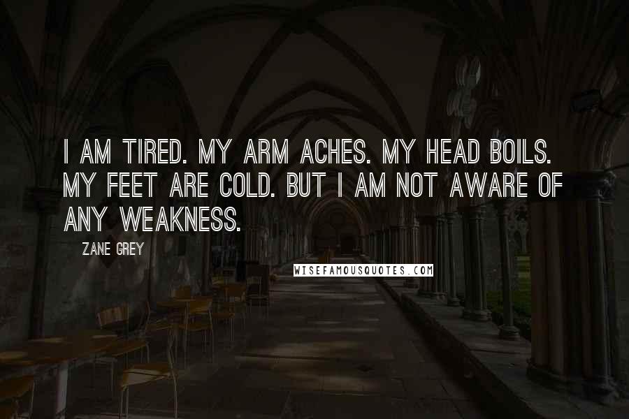 Zane Grey quotes: I am tired. My arm aches. My head boils. My feet are cold. But I am not aware of any weakness.