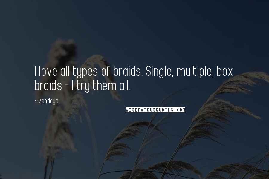 Zendaya quotes: I love all types of braids. Single, multiple, box braids - I try them all.