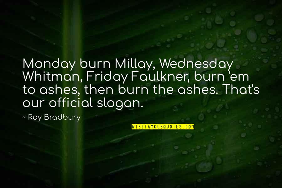 Zeppeli Jojo Quotes By Ray Bradbury: Monday burn Millay, Wednesday Whitman, Friday Faulkner, burn