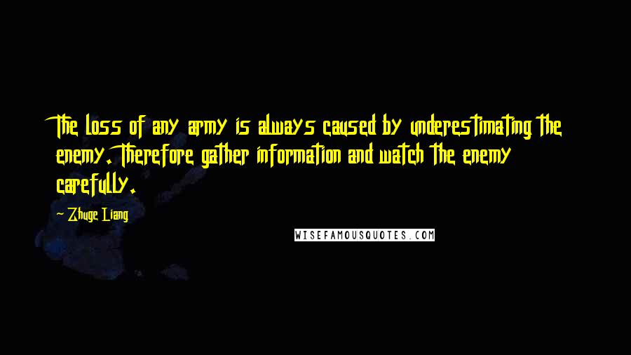 Zhuge Liang quotes: The loss of any army is always caused by underestimating the enemy. Therefore gather information and watch the enemy carefully. Zhuge Liang quotes: The loss of any army is always caused by underestimating the enemy. Therefore gather information and watch the enemy carefully.