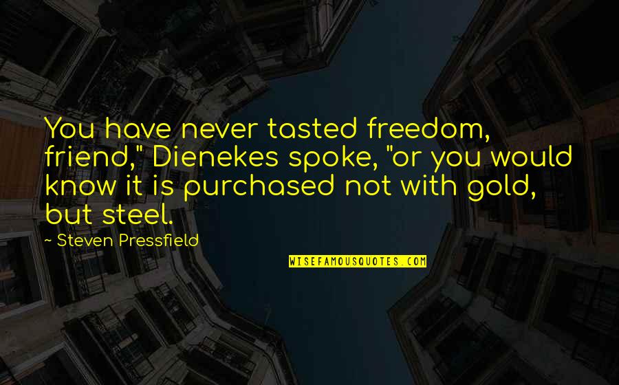 Zindagi Na Milegi Quotes By Steven Pressfield: You have never tasted freedom, friend," Dienekes spoke,