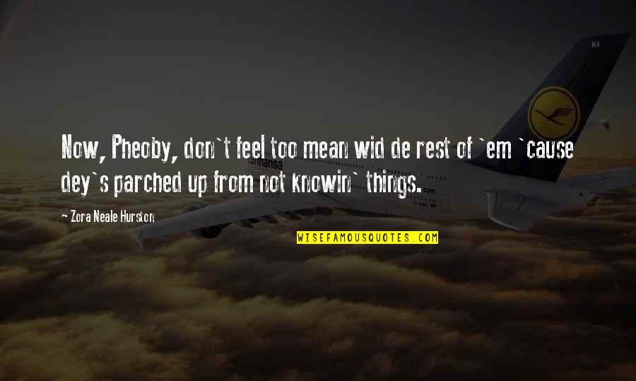 Zora's Quotes By Zora Neale Hurston: Now, Pheoby, don't feel too mean wid de Zora's Quotes By Zora Neale Hurston: Now, Pheoby, don't feel too mean wid de
