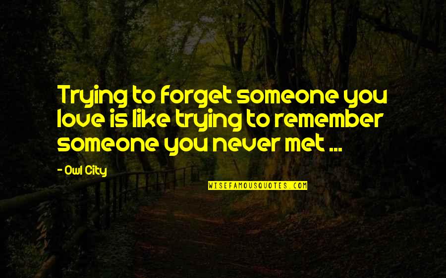Zylbersteins Quotes By Owl City: Trying to forget someone you love is like Zylbersteins Quotes By Owl City: Trying to forget someone you love is like