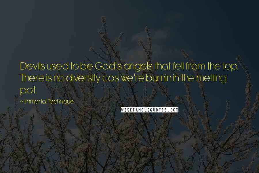 Immortal Technique Quotes: Devils used to be God's angels that fell from the top. There is no diversity cos we're burnin in the melting pot.