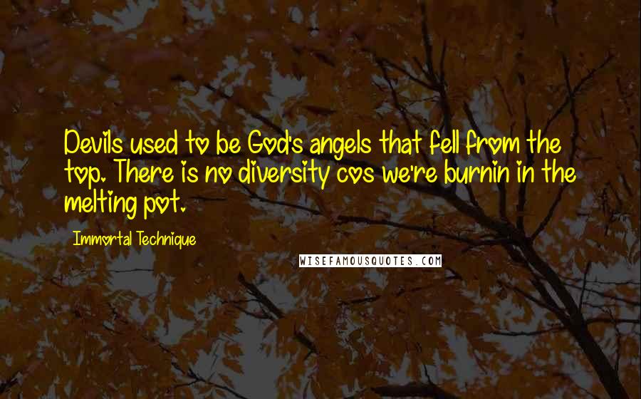 Immortal Technique Quotes: Devils used to be God's angels that fell from the top. There is no diversity cos we're burnin in the melting pot.