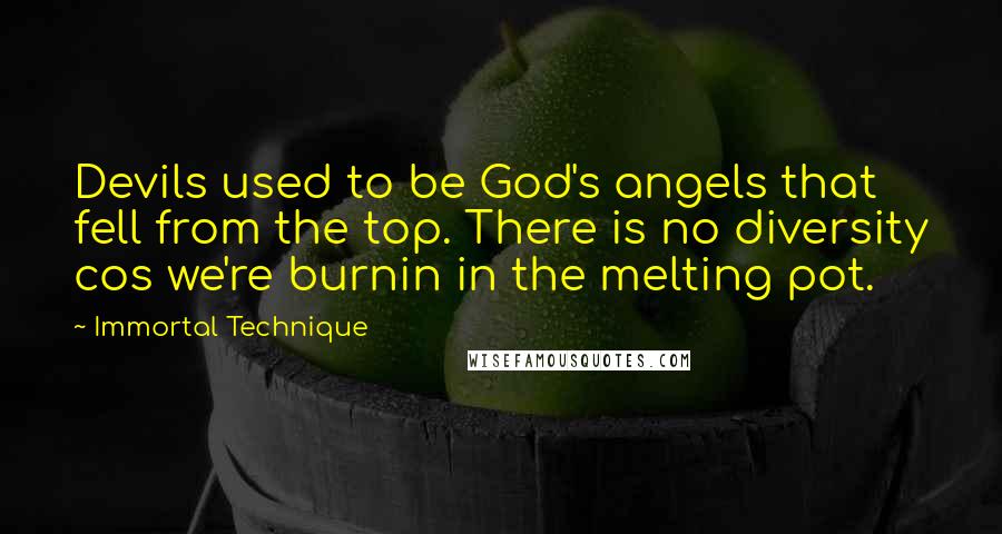 Immortal Technique Quotes: Devils used to be God's angels that fell from the top. There is no diversity cos we're burnin in the melting pot.