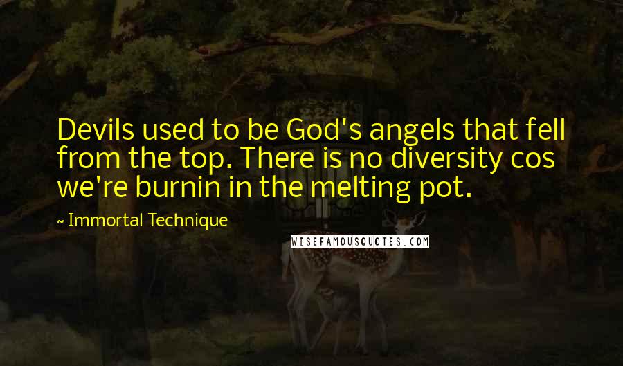 Immortal Technique Quotes: Devils used to be God's angels that fell from the top. There is no diversity cos we're burnin in the melting pot.