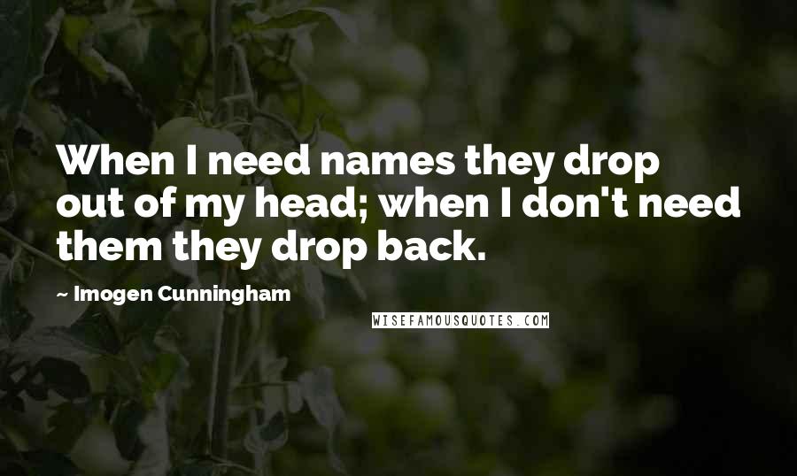 Imogen Cunningham Quotes: When I need names they drop out of my head; when I don't need them they drop back.