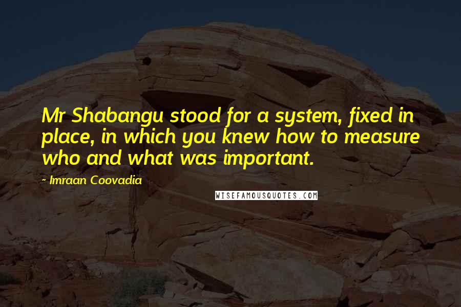 Imraan Coovadia Quotes: Mr Shabangu stood for a system, fixed in place, in which you knew how to measure who and what was important.