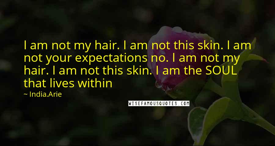 India.Arie Quotes: I am not my hair. I am not this skin. I am not your expectations no. I am not my hair. I am not this skin. I am the SOUL that lives within