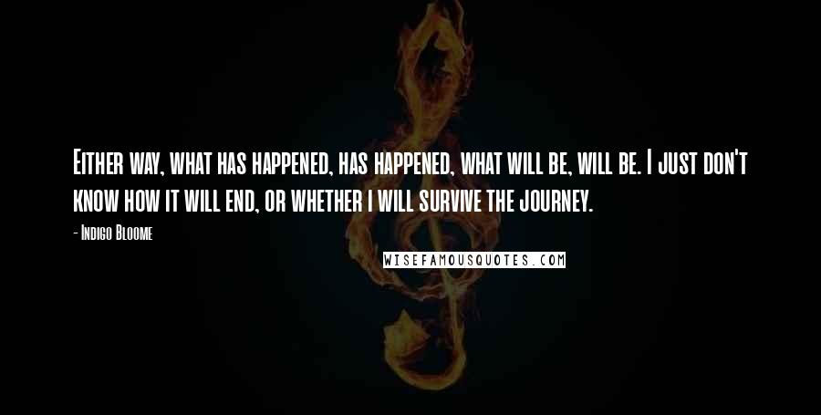 Indigo Bloome Quotes: Either way, what has happened, has happened, what will be, will be. I just don't know how it will end, or whether i will survive the journey.