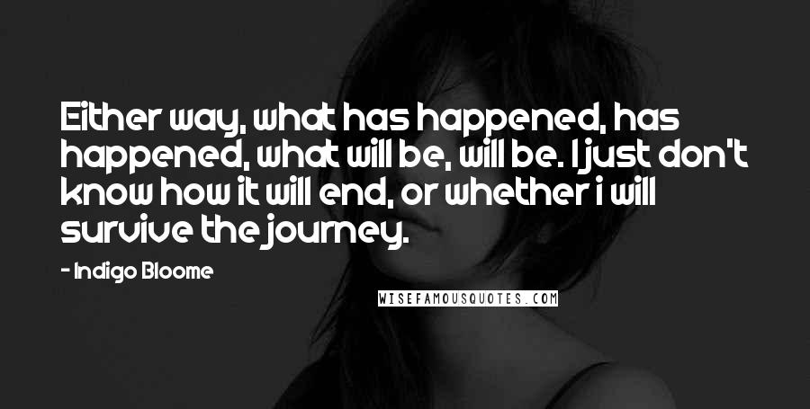 Indigo Bloome Quotes: Either way, what has happened, has happened, what will be, will be. I just don't know how it will end, or whether i will survive the journey.