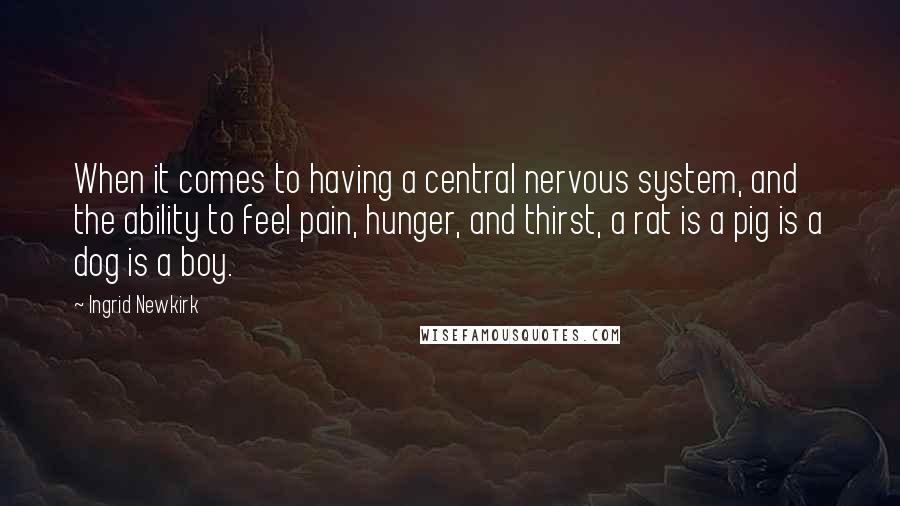 Ingrid Newkirk Quotes: When it comes to having a central nervous system, and the ability to feel pain, hunger, and thirst, a rat is a pig is a dog is a boy.